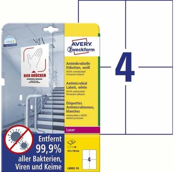 Avery Zweckform „Avery L8003-10“, balta, A4, poliesteris, lazerinis, permanentinis, stačiakampis