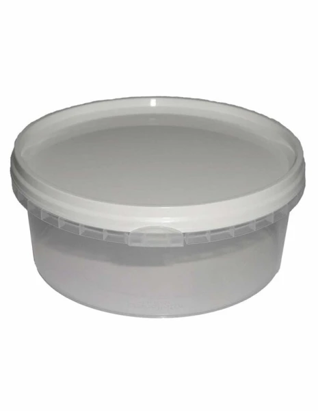 Usorteret Plastikinis kibiras, su rankena užrakinamas, apvalus, Ø 122, aukštis 50 psl., skaidrus, dėžutėje 560 vnt. Tinka maistui