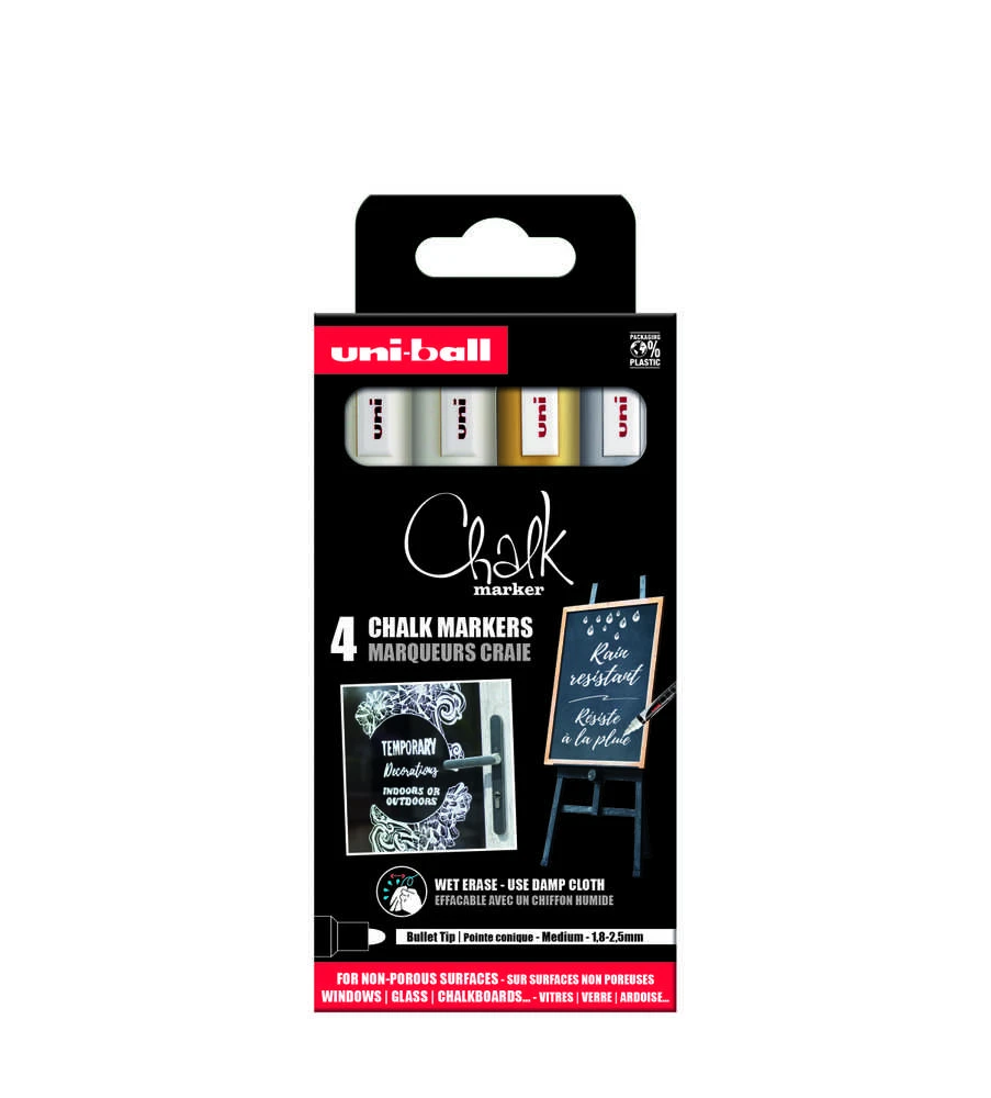 Uni - Chalk Marker PWE-5M, set of 4 markers - auksinis, sidabrinis & 2 x baltas (401579)