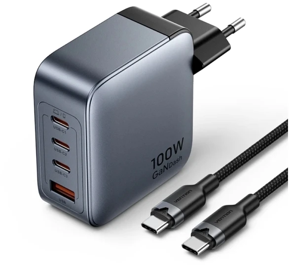 „Vention“ 100 W GaN 1 x USB-A 3 x USB-C + USB-C į USB-C kabelis 1 m