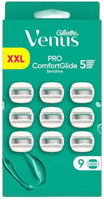 Venus Pro ComfortGlide Sensitive skustuvo peiliukai – žali/balti – 9 vnt.