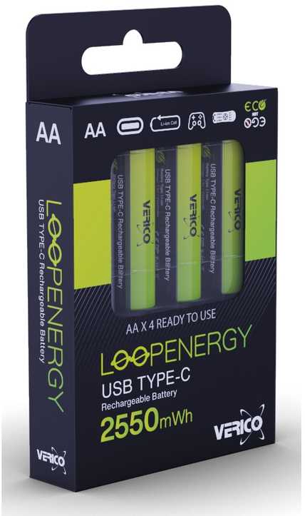 Verico LoopEnergy 4 AA pakuotės, įkraunamos baterijos, įkraunamos per USB-C