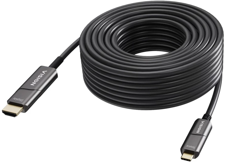 Vision 50 m USB C į HDMI kabelis - 4K esant 60 Hz - Auksuoti kištukai - DP 1.2 - HDMI 2.0 - Palaiko CEC, EDID, HDR, HDCP 2.2 - USB C 3.2 (m) į HDMI (m) - Išorinis skersmuo 4,5 mm - 18 Gbps - Aktyvus OM3 optinis pluoštas - Juoda (TC 50MUSBCHDMI+/BL)