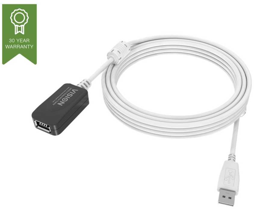 Vision installationstaugliches USB 2.0-Aktiv-Verlangerungskabel - 30 JAHRE GARANTIE - Gold-Steckverbinder - Ferritkerne - 480 Mbit/s - Abschirmgeflecht mit uber 65 % Abdeckung - USB-A (F) zu USB-A (M) - Aussendurchmesser 4,5 mm - 28 + 24 AWG - 5 m - W
