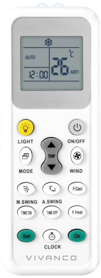 Vivanco VNREMOTEAIR, Oro kondicionierius, IR belaidis, Mygtukai, Įmontuotas ekranas, Baltas