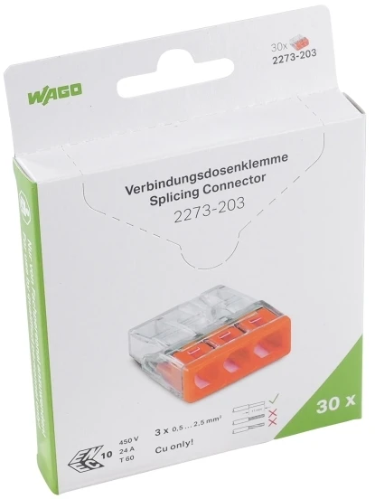 Wago 2273-203/995-030 Greito prijungimo jungtis 3x 0.5-2.5mm2 skaidri/oranžinė 2273-203 /pakuotė 30 vnt./ 2273-203/995-030