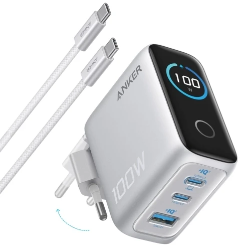 Anker charger 100W, 2xUSB-C, 1xUSB sidabrinis