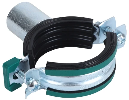 WALRAVEN KSB2 trigubas vamzdžių spaustukas, 2 varžtų, galvanizuotas, su greito fiksavimo jungtimi. Srieginė įvorė M8/10/½". Triukšmą slopinanti juoda ir žalia EPDM guma iki 21 dB(A).