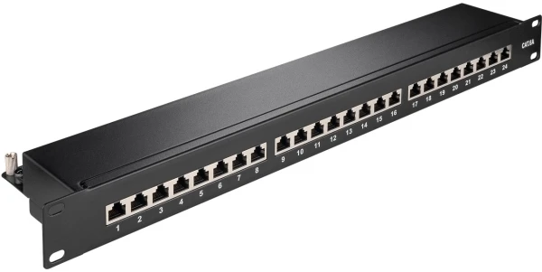 Wentronic Goobay CAT 6a 48,30 cm (19") pataisų skydas, 24 prievadai, juodas - STP ekranuotas, juodas (90854)