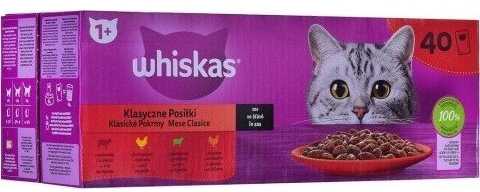 WHISKAS (40x85g) Classic Meals Drėgnas Maistas Suaugusiems Katėms Su Padažu (jautiena, vištiena, ėriena, paukštiena)