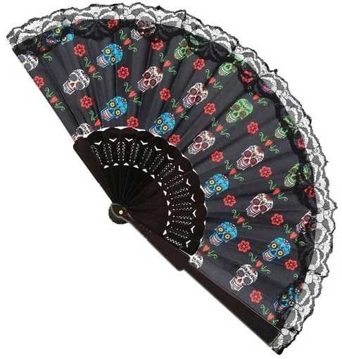 Vėduoklė su nėriniais kaukolė Widmann 03381 juoda 23cm