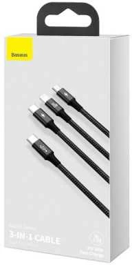 Kabelis USB C - 3 kištukai (USB C (iki 15W), micro USB (iki 10W), lightning (iki 20W)) 1.5m juodas Rapid BASEUS