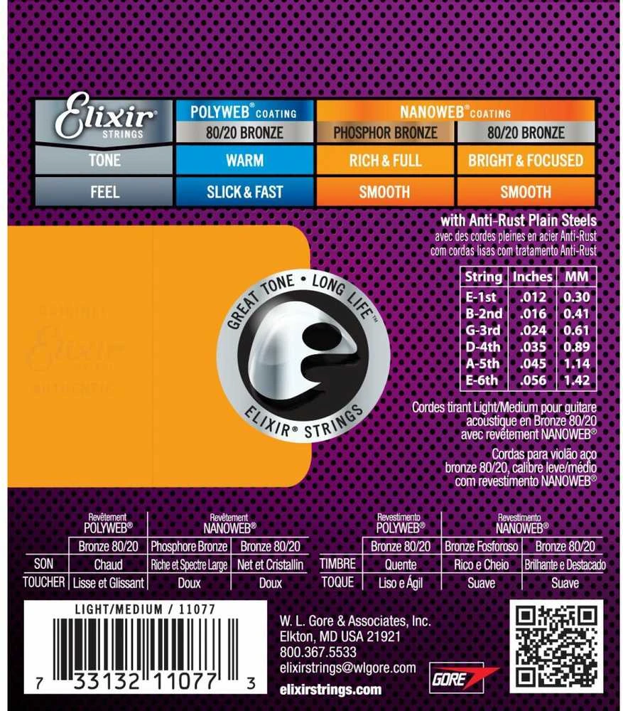 Elixir Eliksyras 11077 Nanoweb Light-Medium 80/20 Bronze 12-56
