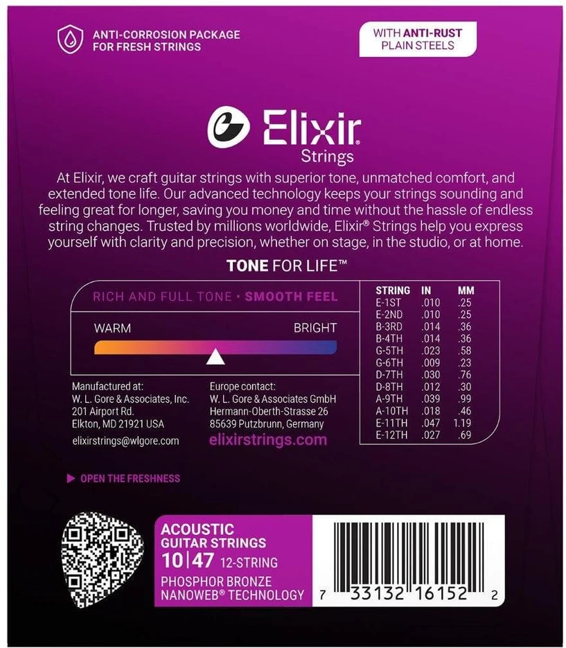Elixir Eliksyras 16152 Nanoweb Phosphor Bronze 12-stygei gitarai