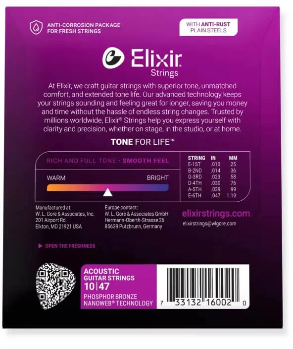 Elixir Eliksyras Nanoweb Phosphor Bronze 16002 10-47