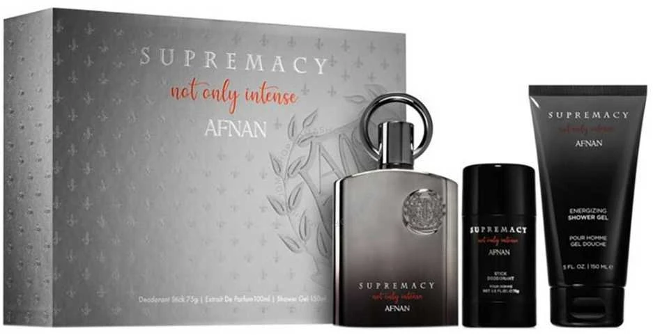Afnan „Supremacy Not Only Intense“ kvepalai, 100 ml, kvapusis vanduo „Gel De Baño“, 100 ml, dezodorantas su pieštuku, 75 ml.