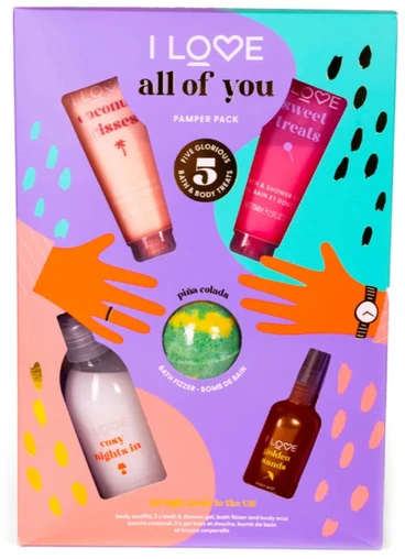 All Of You Set I Love: Coconut Kisses Hydrating Losjonas kūnui, 75 ml + Pina Colada Bath Bomb, 120 g + Golden Sands Refreshing Body Purškiklis, 100 ml + Sweet Treats Hydrating Dušo želė For All Skin Types, 75 ml + Cosy Night's Hydrating Dušo želė For All Skin T