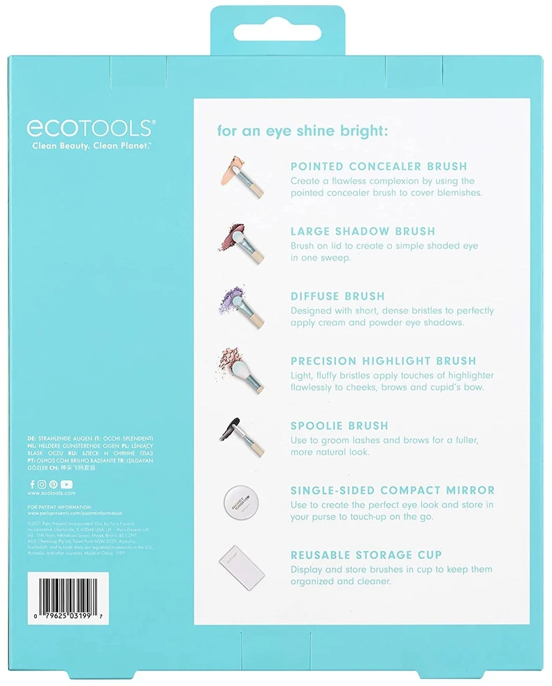„Brighter Tomorrow“ rinkinys „EcoTools“: „EcoTools“ smailusis kaukė + „EcoTools“ dideli akių šešėliai + „EcoTools“ difuziniai akių šešėliai + „EcoTools“ precizinis žymeklis + „EcoTools“ antakių kontūro pieštukas + vienpusis kompaktiškas veidrodėlis + „EcoTools“ skardinė
