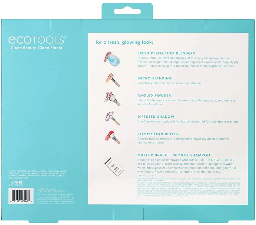 „Brighter Tomorrow“ rinkinys „EcoTools“: makiažo pagrindas „EcoTools“ + makiažo kaukė „EcoTools“ + difuziniai akių šešėliai „EcoTools“ + losjonas „EcoTools“ ir kempinėlė „Valiklis“ 7,39 ml + skaistalai „EcoTools“ + makiažo kempinėlė „Mėlyna“