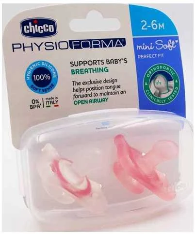 Chicco PhysioForma Mini minkštas silikoninis čiulptukas čiulptukas 2-6 mėnesių 2 vienetai baltos ir rožinės spalvos