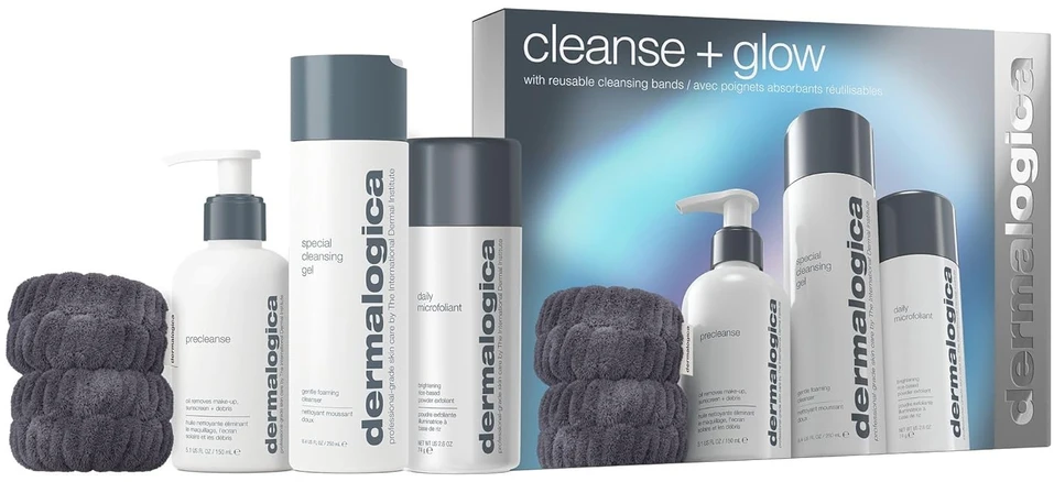 „Cleanse + Glow“ rinkinys „Dermalogica“: specialus veido valymo gelis, 250 ml + veido aliejus prieš valymą, pašalinantis nešvarumus, 150 ml + kasdieniai mikrofoliant šveičiamieji milteliai, 74 g