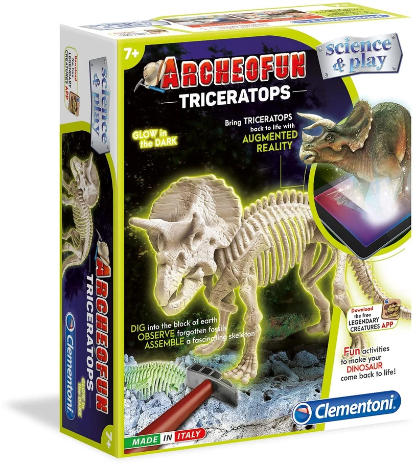 Clementoni, Mokslas - Žaidimas, Archeofun Triceratops šviečia tamsoje, Dėlionė, 61723, Unisex, 7+ metai