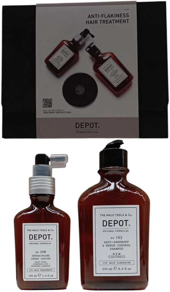 Vartotojų rinkinys C Depot: 100 plaukų valymo priemonių Nr. 102 Botanical Complex plaukų šampūnas Nuo pleiskanų ir riebalų išsiskyrimo kontrolės, 250 ml + 200 plaukų procedūrų Nr. 208 Botanical Complex nenuplaunamas galvos odos detoksikacijos losjonas, 100 ml