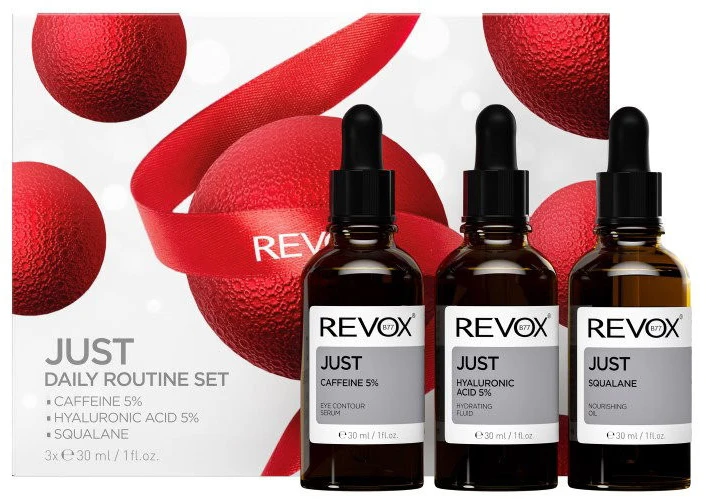 Dienos rutinos rinkinys „Revox B77“: dieninis paakių serumas su kofeinu 5 % nuo tamsių ratilų, 30 ml + drėkinamasis hialurono rūgšties 5 % skystis veidui, 30 ml + drėkinamasis skvalano aliejus veidui, 30 ml