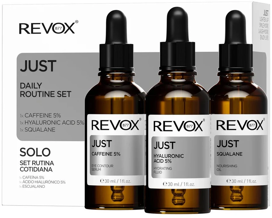 Dienos rutinos rinkinys „Revox B77“: „Just Squalane“ drėkinamasis aliejus veidui, 30 ml + „Just Caffeine 5% Anti-Tomato Dark Crayols“ dieninis paakių serumas, 30 ml + „Just Hyaluronic Acid 5% Hydrating Fluid“ veidui, 30 ml