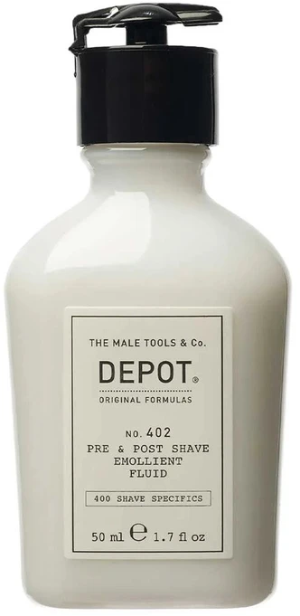 „Depot 400 Shave Specifications No. 402“ raminamasis skystis prieš ir po skutimosi su eteriniais aliejais, 50 ml