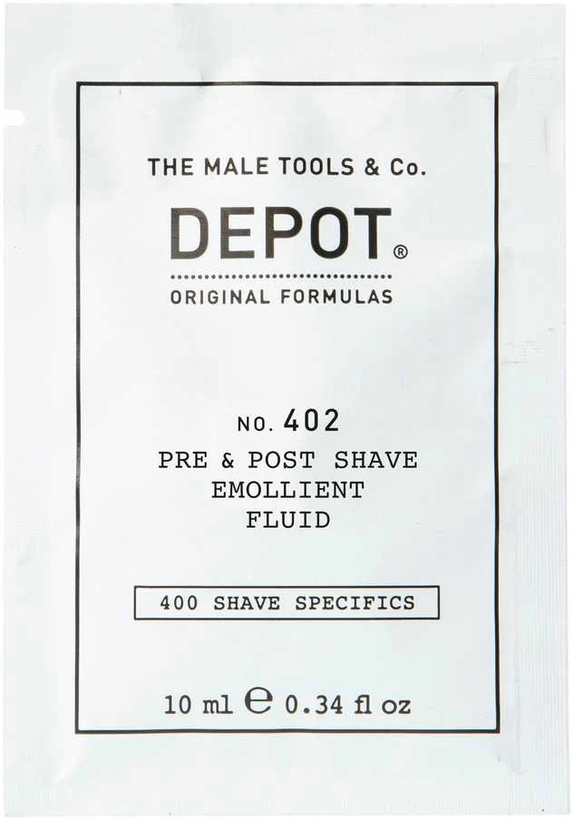 „Depot 400 Shave Specifications No. 402“ raminamasis skystis prieš ir po skutimosi su eteriniais aliejais, 10 ml