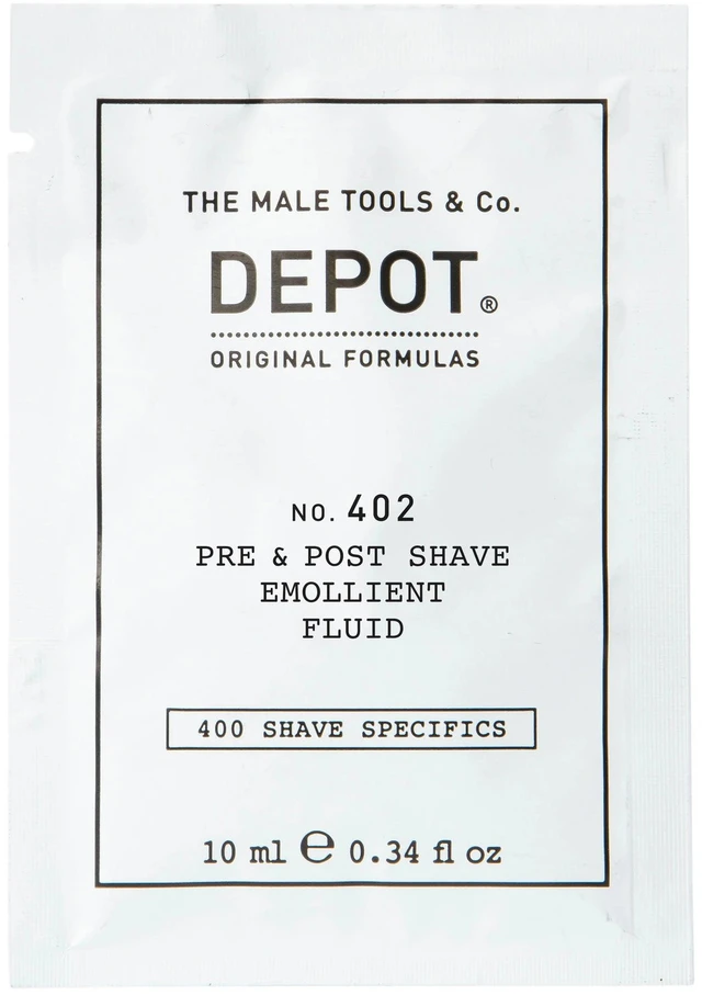 „Depot 400 Shave Specifications No. 402“ raminamasis skystis prieš ir po skutimosi su eteriniais aliejais, 10 ml