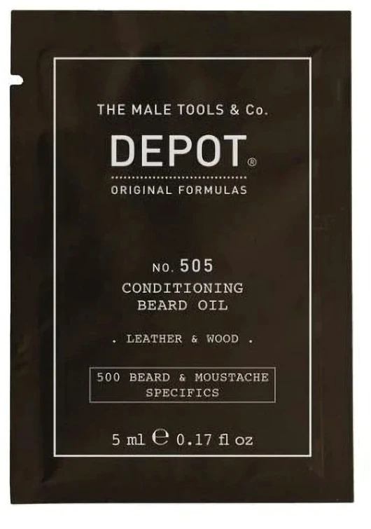 Depot, 500 barzdos – ūsų ypatybių Nr. 505, barzdos aliejus, oda – mediena, vitaminas E, blizgesiui – švelnumui, 5 ml