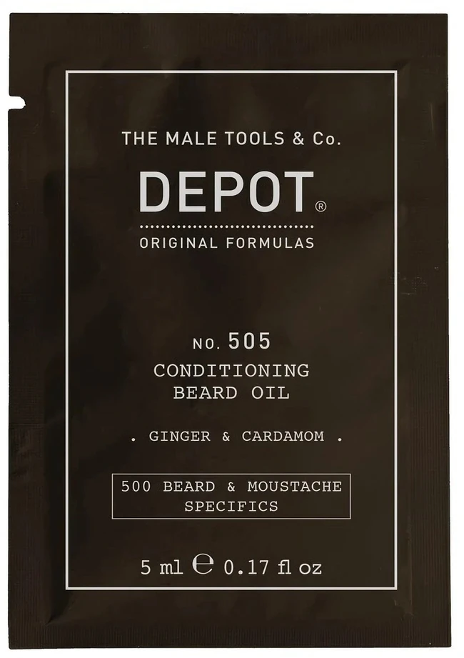 Depot, 500 barzdos – ūsų specifinių savybių Nr. 505, barzdos aliejus, imbieras – kardamonas, blizgesiui – švelnumui, 5 ml