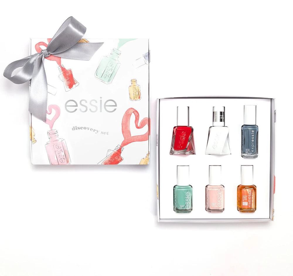 Discovery Set Essie: Nail Enamel Vegan Glossy Shine Finish Nagų lakas 99 Mint Candy Apple 13.5 ml + Expressie Air Dry Nagų lakas 13.5 ml + Gel Couture Nagų lakas Rock the Runway 13.5 ml + Essie Nagų lakas Ballet Slippers 13.5 ml + Gel Couture Top Coat