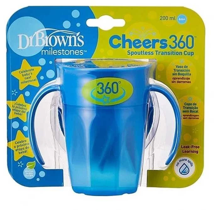 DR. BROWN'S 360 Tumbleris puodelis be snapelio mėlynas su rankenomis 200ml