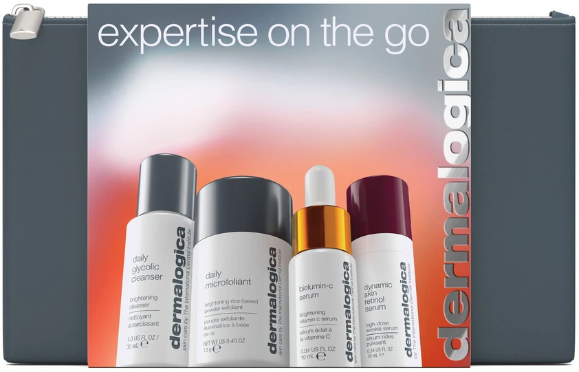 „Expertise On The Go“ rinkinys „Dermalogica“: kasdienis glikolinis valomasis veido gelis, 30 ml + kasdieniai mikrofoliant šveičiamieji šveičiamieji milteliai, 13 g + „Biolumin-C“ vitamino C skaistinamasis serumas veidui, 10 ml + „Dynamic Skin Retinol“ raukšles slopinantis serumas veidui.