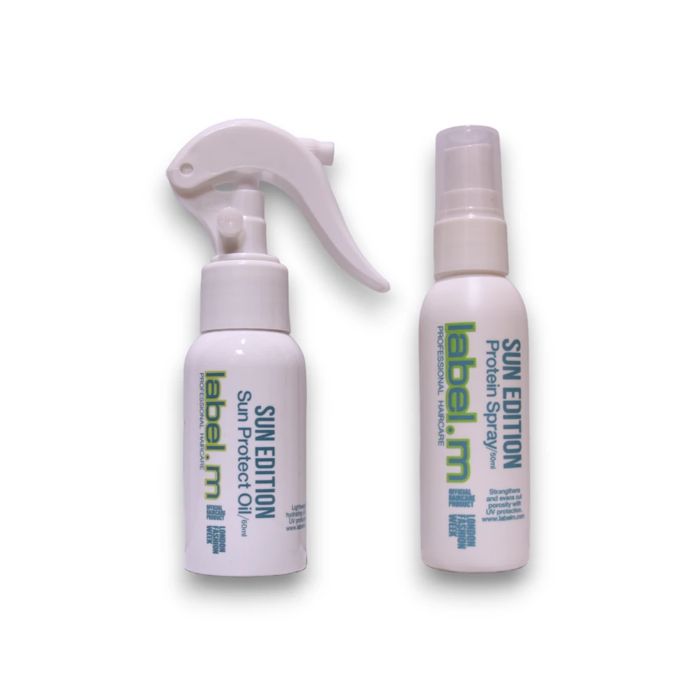 Label.M „Get Wet Sun Edition“ rinkinys. M: „Sun Editon“ UV filtro plaukų lakas stiprinimui, 50 ml + „Sun Editon“ plaukų aliejus su UV filtru, atgaivinantis spindesį ir atkuriantis spindesį, 60 ml + „Sun Editon“ plaukų šampūnas drėkinimui, 60 ml + „Sun Editon“ plaukų šampūnas su UV filtru.