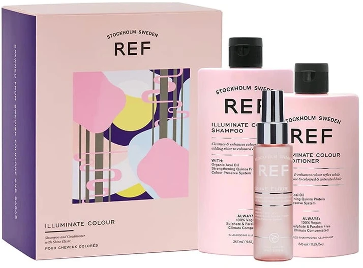 Ref Stockholm Dovanų dėžutės rinkinys REF: „Illuminate Colour“ plaukų šampūnas be sulfatų stiprinimui, 285 ml + „Illuminate Colour“ plaukų kondicionierius be sulfatų maitina ir stiprina plaukų atspalvį, 245 ml + „Eliksyras“ plaukų serumas, suteikiantis blizgesio, 80 ml
