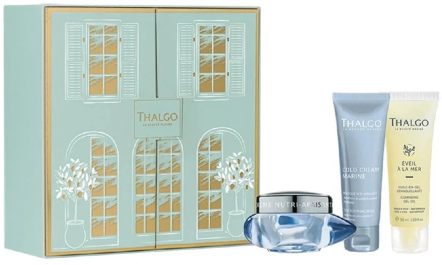 Gift Box Set Thalgo: Eveil à la Mer Valiklis Cleansing Gel For Face, 50 ml + Cold Kreminis Marine Soothing Kreminis For Face, 50 ml + Cold Kreminis Marine Sos Soothing Kreminis Mask For Face, 50 ml