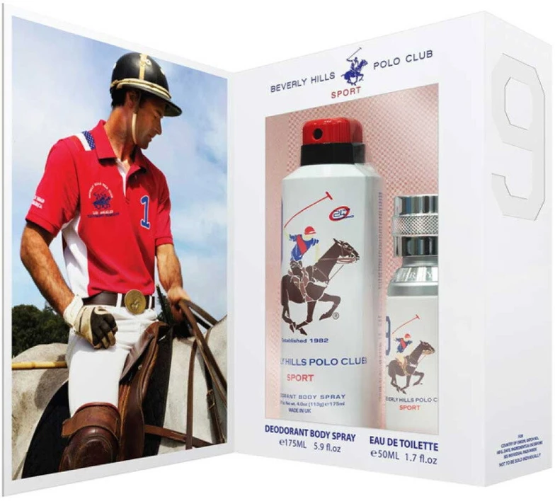 Dovanų rinkinys „Beverly Hills Polo Club“: 1982 m. – „Sport 8“ tualetinis vanduo vyrams, 50 ml + 1982 m. – „Sport 9“ antiperspirantas-dezodorantas, purškiklis moterims, 150 ml