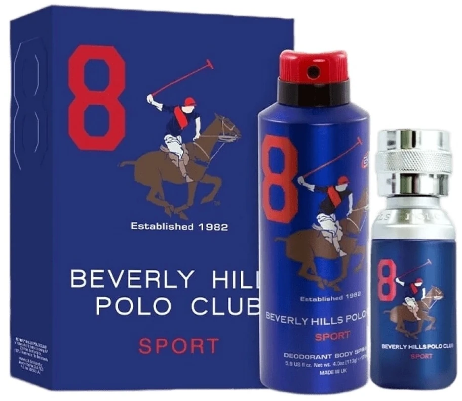 Gift Set Beverly Hills Polo Club: 1982 - Sport 8 Eau De Toilette For Men, 100 ml + 1982 - Sport 8 Anti-Perspirant Dezodorantas Purškiklis For Men, 175 ml