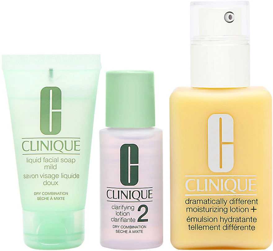 „Graiki oda“ – pradėkite čia. 3 žingsnių rinkinys „Clinique“: „Dramatically Different“ losjonas + drėkinamasis dieninis ir naktinis veido losjonas be kvapiklių, 125 ml + „Clinique“ valomasis skystas muilas veidui, 30 ml + „Gaivinantis 2“ valomasis veido losjonas, 30 ml