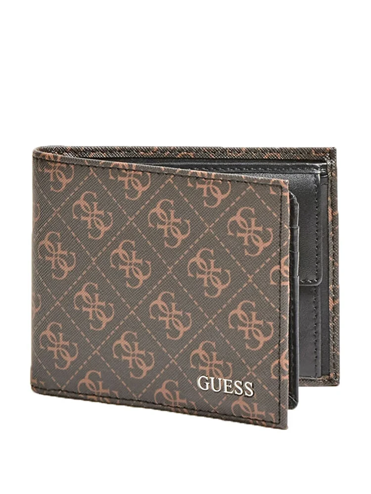 „Guess“ „Vezzola“ tekstilinė piniginė su atvartu, rudas logotipas, vyrams