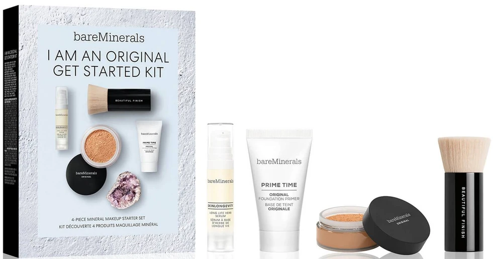 „Bare Minerals I Am An Original“ rinkinys: „Prime Time Vitamin E Smooth Wear Foundation Primer Golden Tan“, 15 ml + Originalus skystas makiažo pagrindas SPF 15, 2 g + „Mineral Veil Matte Finish“ biri fiksuojamoji pudra „Golden Tan“, 2 g + „BareMinerals“ fiksuojamoji pudra