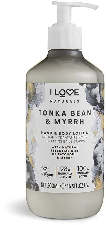 „I Love Naturals Collection“ veganiškas drėkinamasis ir minkštinamasis tonka pupelių ir miros losjonas rankoms ir kūnui, 500 ml