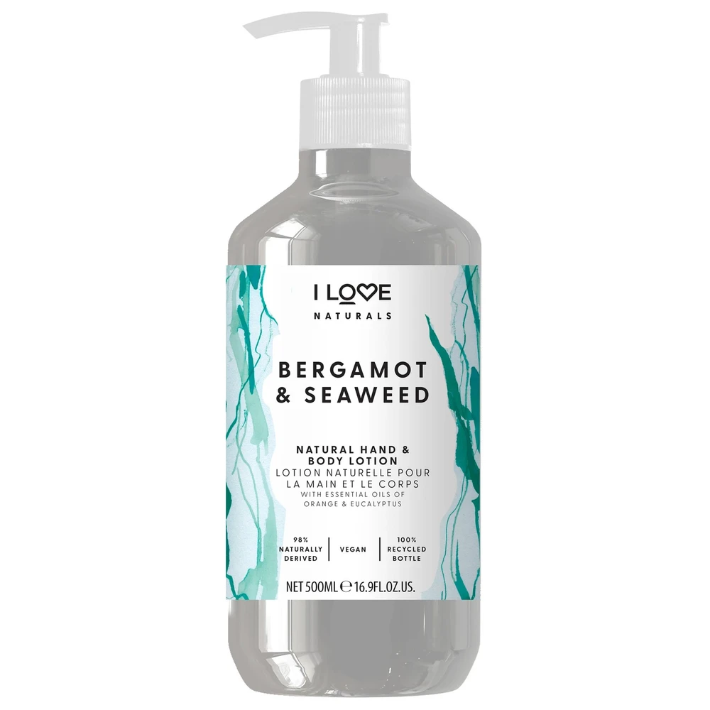 „I Love Naturals Collection“ veganiškas drėkinamasis bergamočių ir jūros dumblių losjonas rankoms ir kūnui, 500 ml