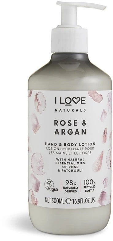 „I Love Naturals Collection“ veganiškas drėkinamasis rožių ir argano losjonas rankoms ir kūnui, 500 ml
