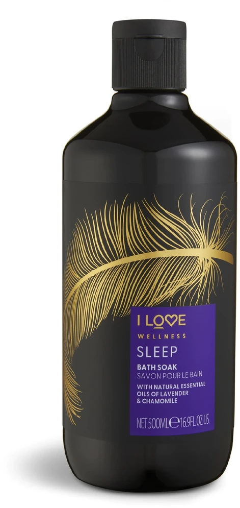 „I Love Wellness Sleep“ eterinių aliejų drėkinamasis vonios skystis su ramunėlėmis ir levandomis, 500 ml