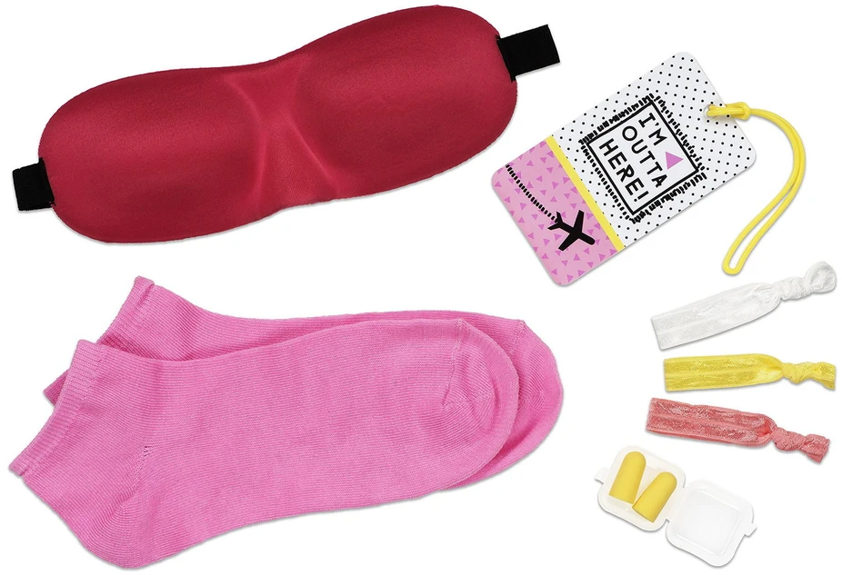 Inflight Essential Kit rinkinys Beauty Junky: Beauty Junky plaukų gumytė, 3 vnt. + Beauty Junky putų ausų kištukai + Beauty Junky lagaminas